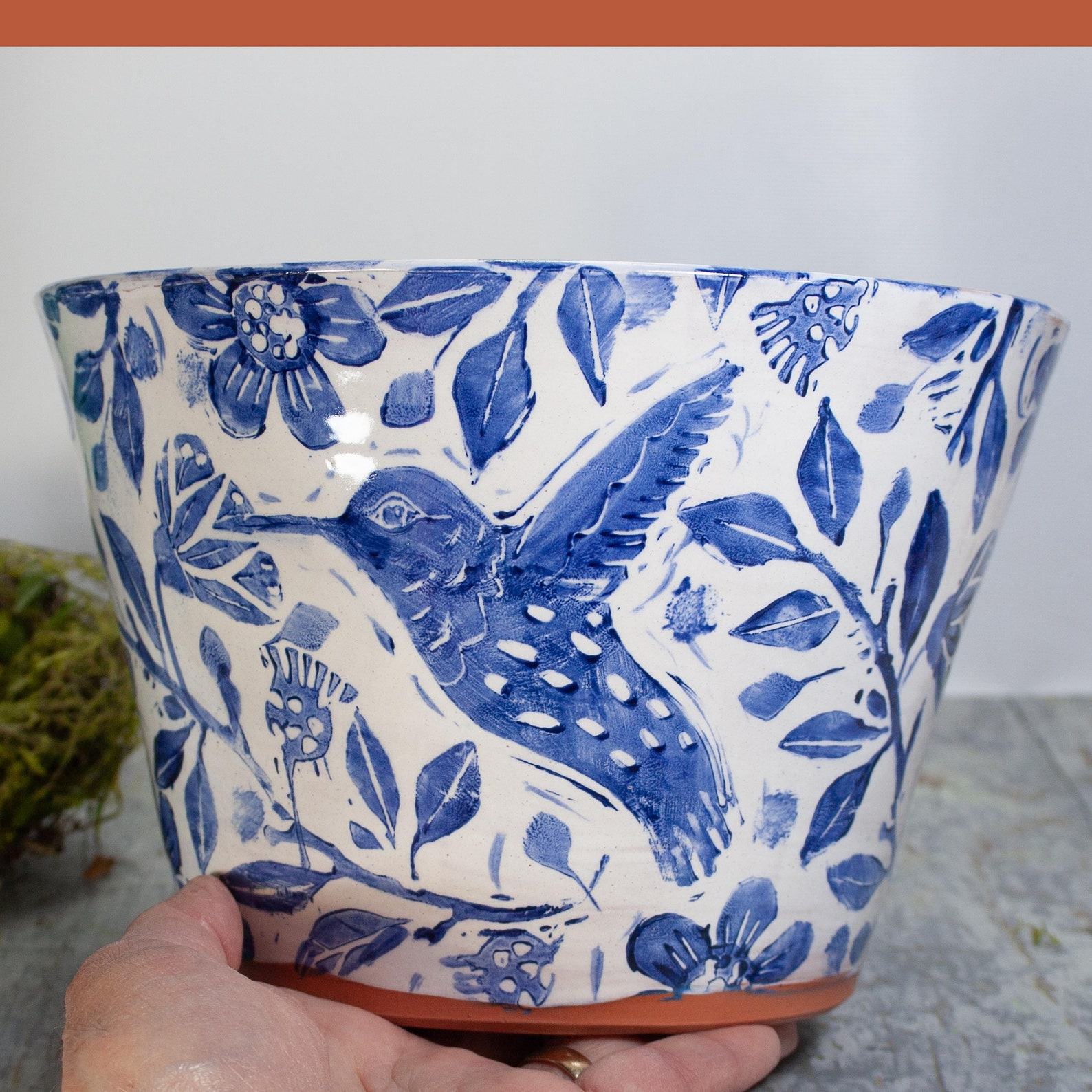 Terra Cotta Hummingbird Haven Handmade Planter with Blue and White Charm