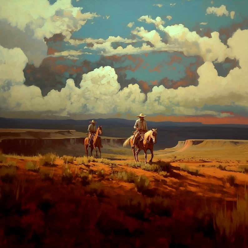 The Riders VXXI Original Oil Artwork, Cowboy Western Painting, Digital Art Print, Poster, Gothic Home Decor