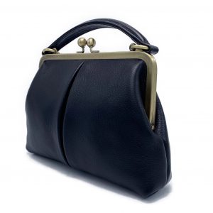 Timeless Elegance Black Leather Handbag with Kiss Lock Charm