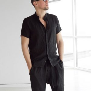 Timeless Elegance Black Linen Sleeveless Dress Shirt for Men