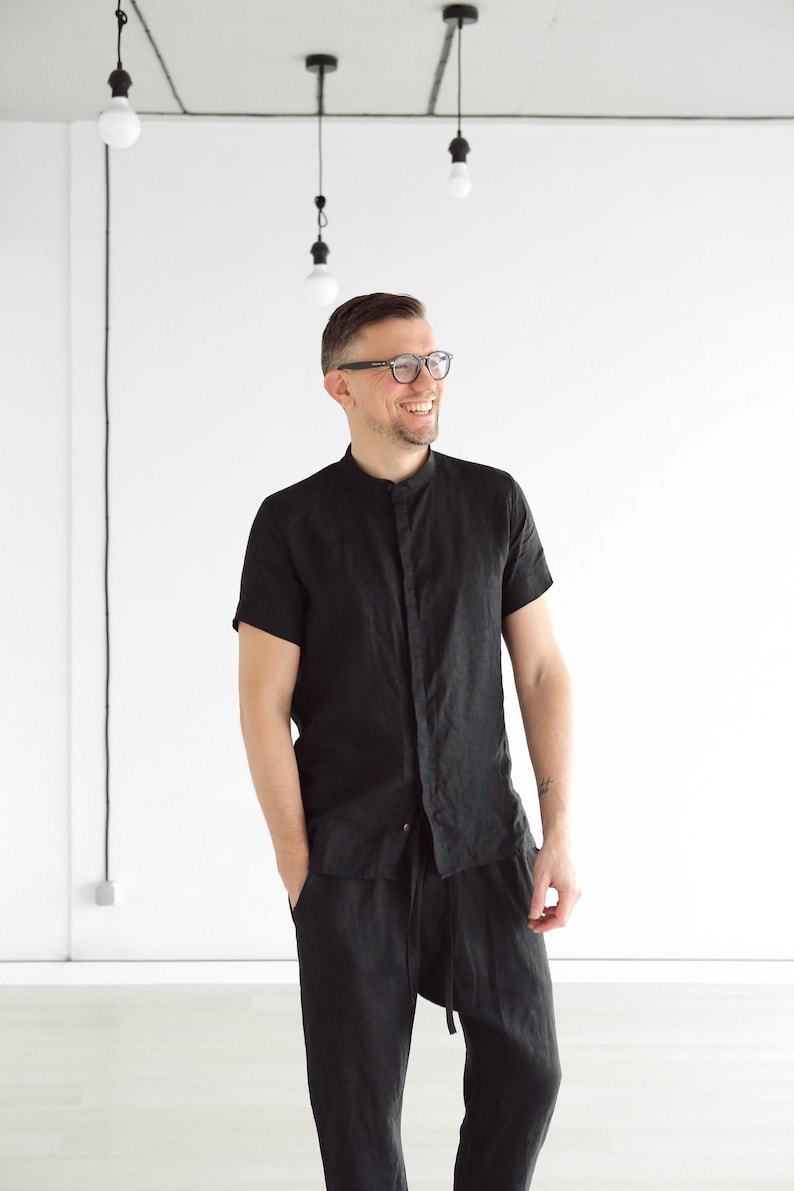 Timeless Elegance Black Linen Sleeveless Dress Shirt for Men