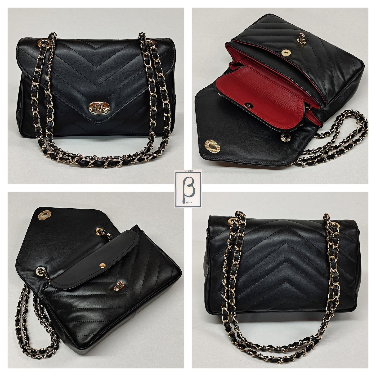 Timeless Elegance Double Flap V Diamonds Genuine Leather Shoulder Bag