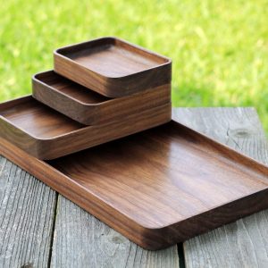 Timeless Elegance Stackable Hardwood Trays in Black Walnut, Peruvian Walnut, and Oak