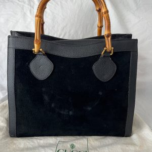 Timeless Elegance Vintage Gucci Diana Black Suede and Leather Handbag with Iconic Bamboo Handle