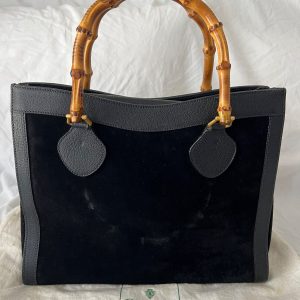 Timeless Elegance Vintage Gucci Diana Black Suede and Leather Handbag with Iconic Bamboo Handle