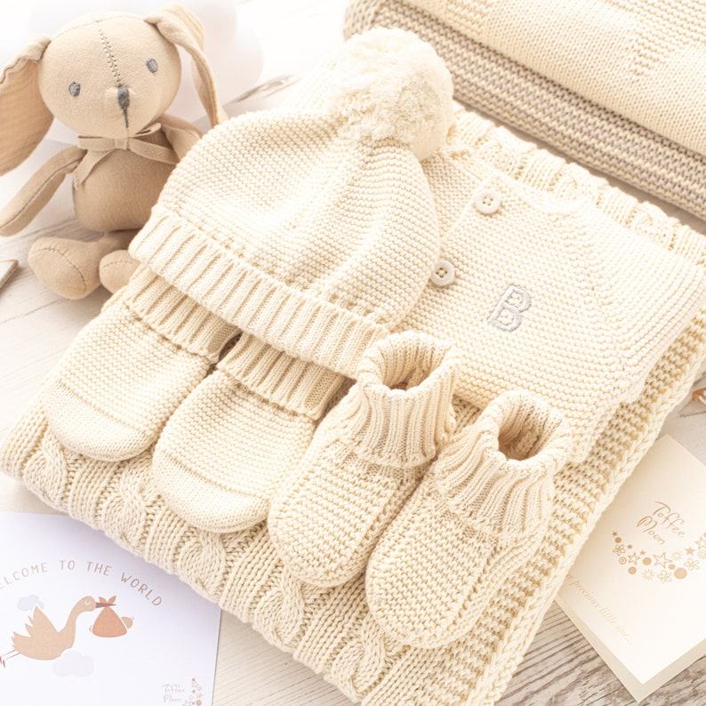 Toffee Moon Cream Personalized Baby Blanket, Cardigan, and Accessory Item Set with Toy Bunny