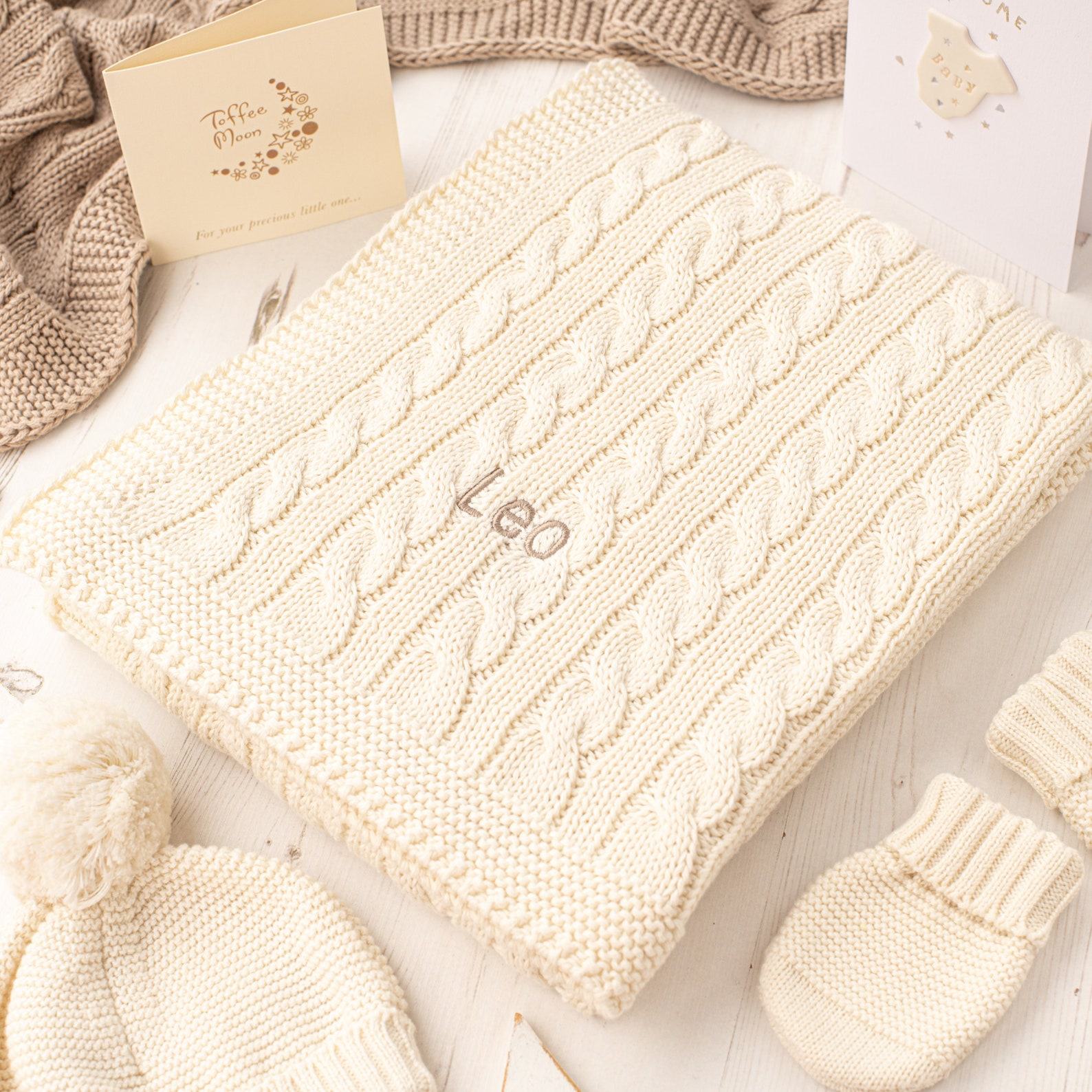 Toffee Moon Cream Personalized Baby Blanket, Cardigan, and Accessory Item Set with Toy Bunny