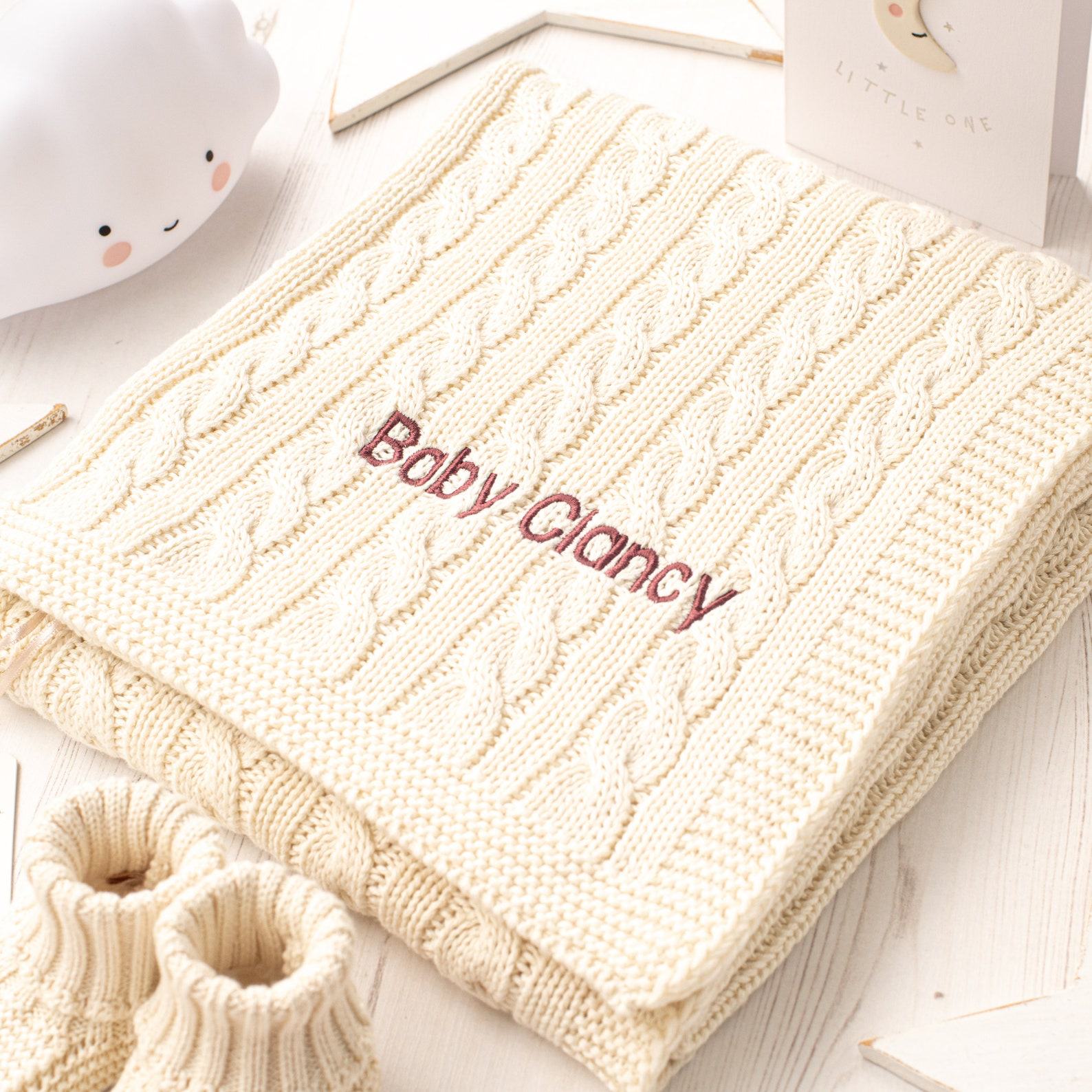 Toffee Moon Cream Personalized Baby Blanket, Cardigan, and Accessory Item Set with Toy Bunny