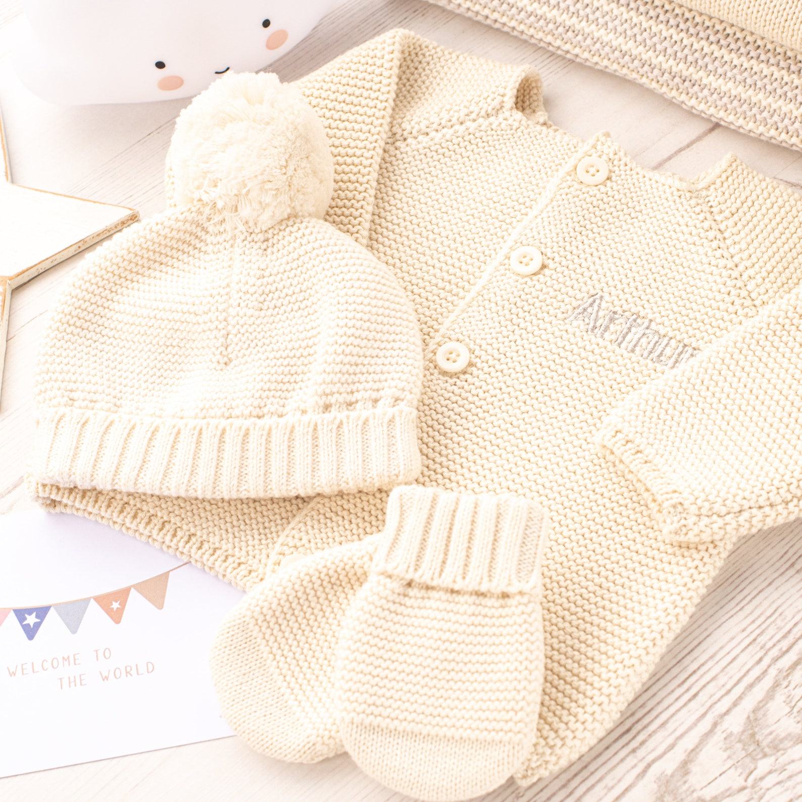 Toffee Moon Cream Personalized Baby Blanket, Cardigan, and Accessory Item Set with Toy Bunny