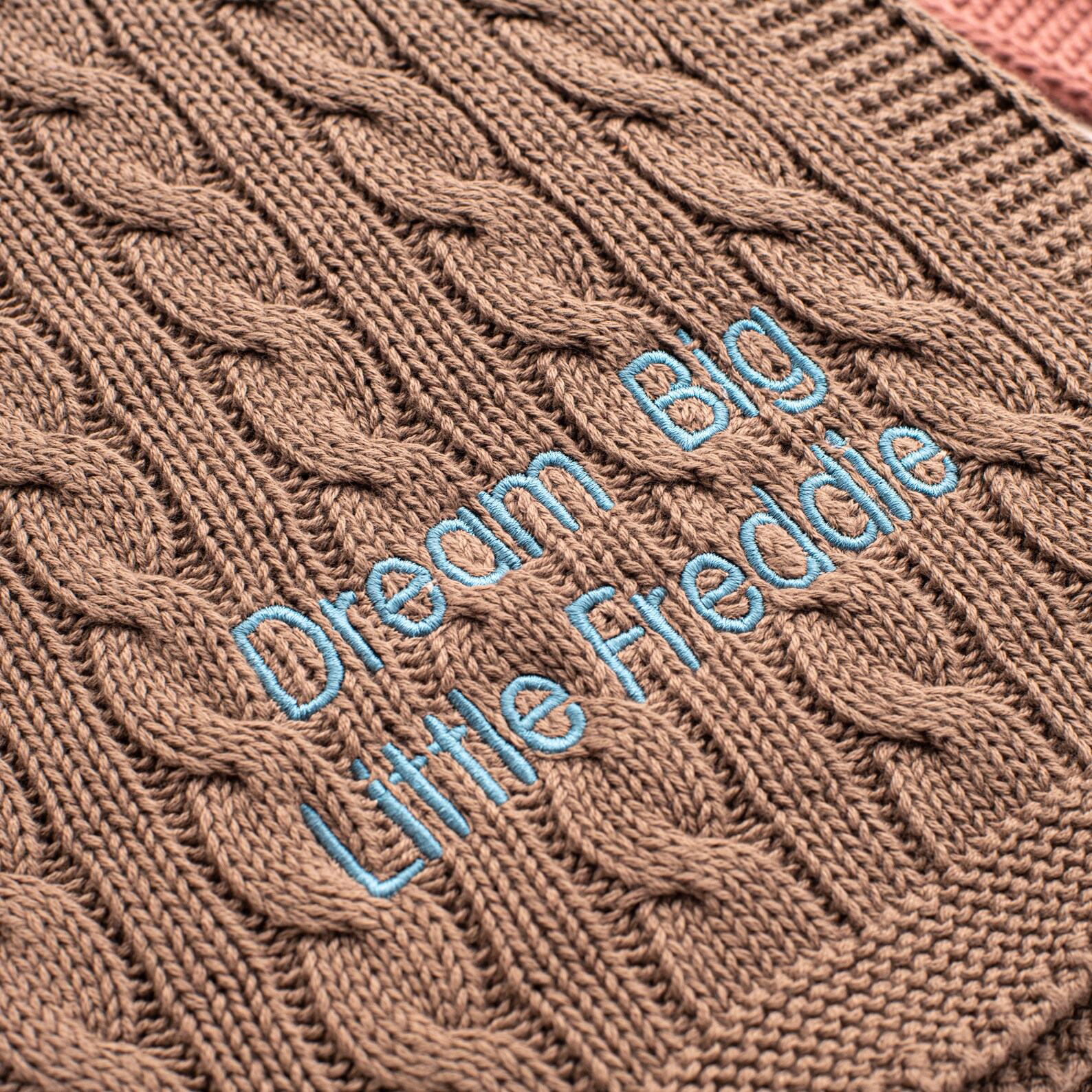 Toffee Moon Nut Brown Luxury Cotton Cable Baby Blanket Personalized with Embroidered Name and Date