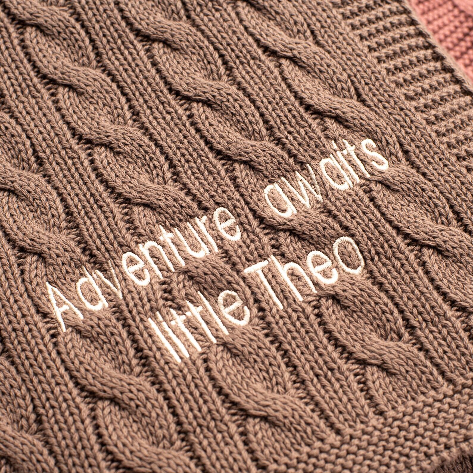 Toffee Moon Nut Brown Luxury Cotton Cable Baby Blanket Personalized with Embroidered Name and Date