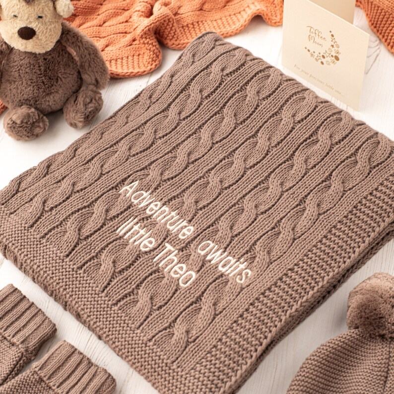 Toffee Moon Nut Brown Luxury Cotton Cable Baby Blanket Personalized with Embroidered Name and Date