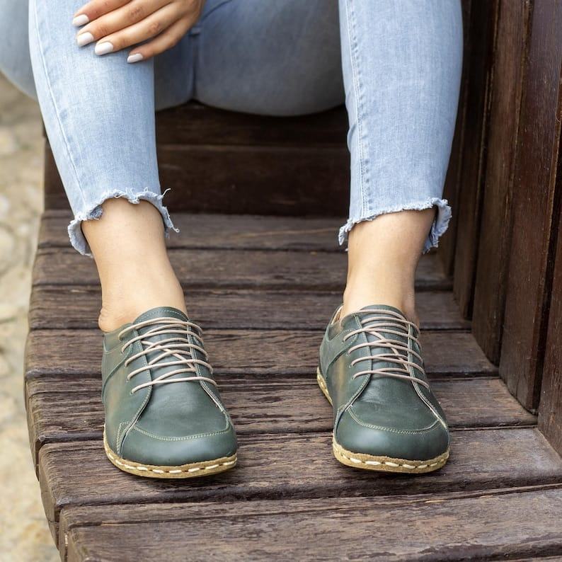 Toledo Green Leather Barefoot Sneakers – Women’s Handmade Earthing Grounding Shoes