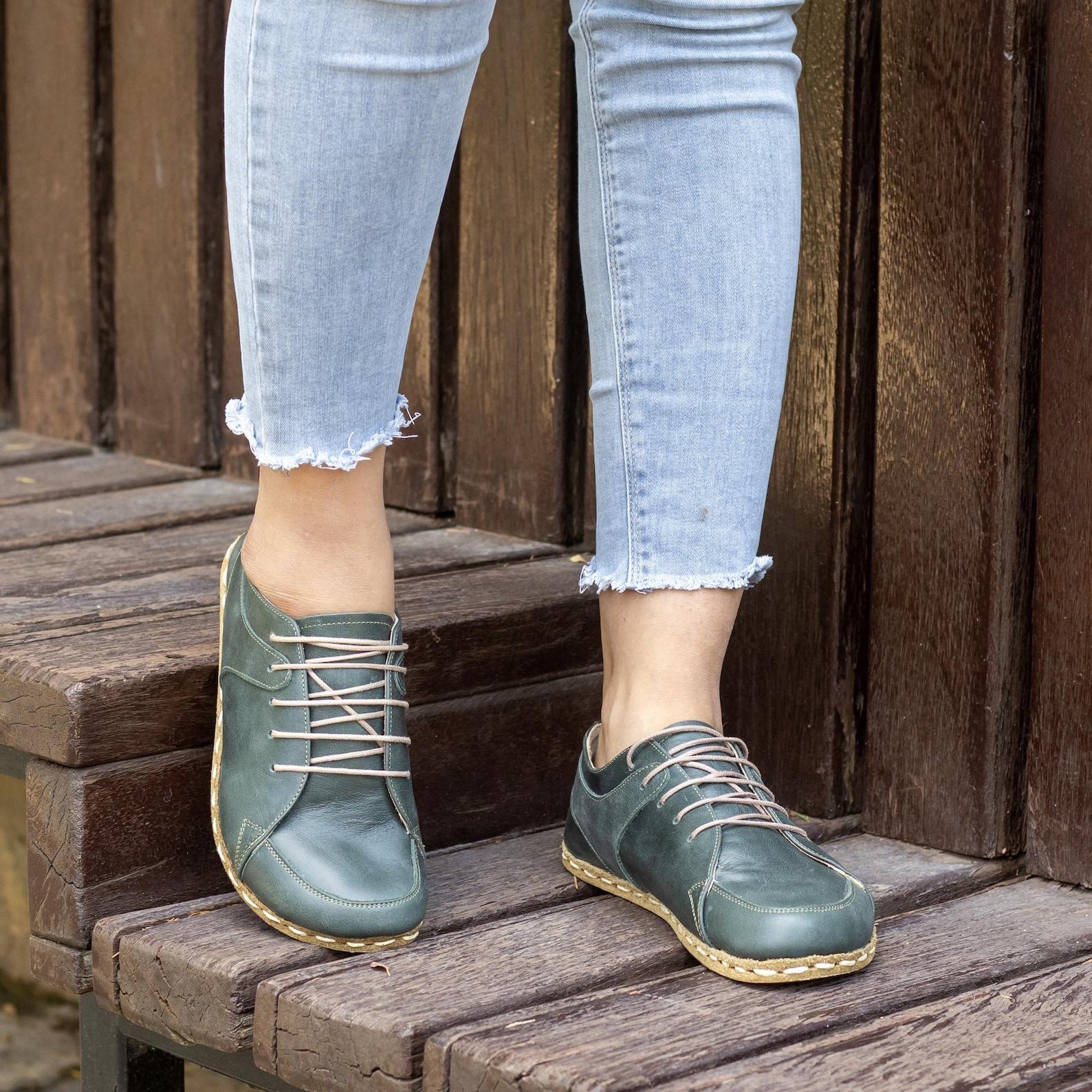 Toledo Green Leather Barefoot Sneakers – Women’s Handmade Earthing Grounding Shoes