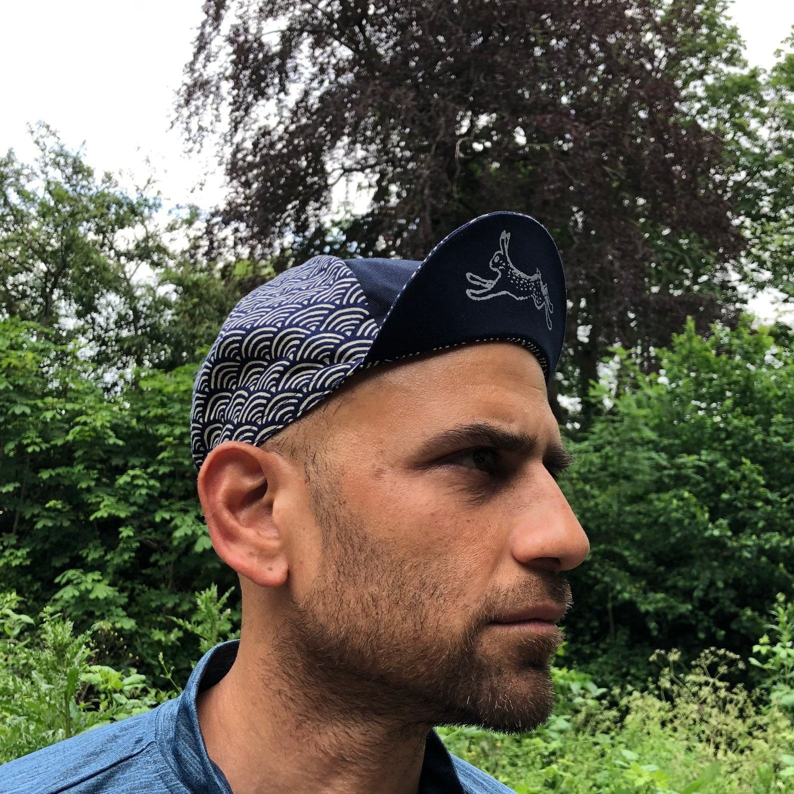 Tortoise and Hare Cycling Cap Japanese Cotton, Handmade, Four-Panel, Navy Seigaiha Wave Pattern