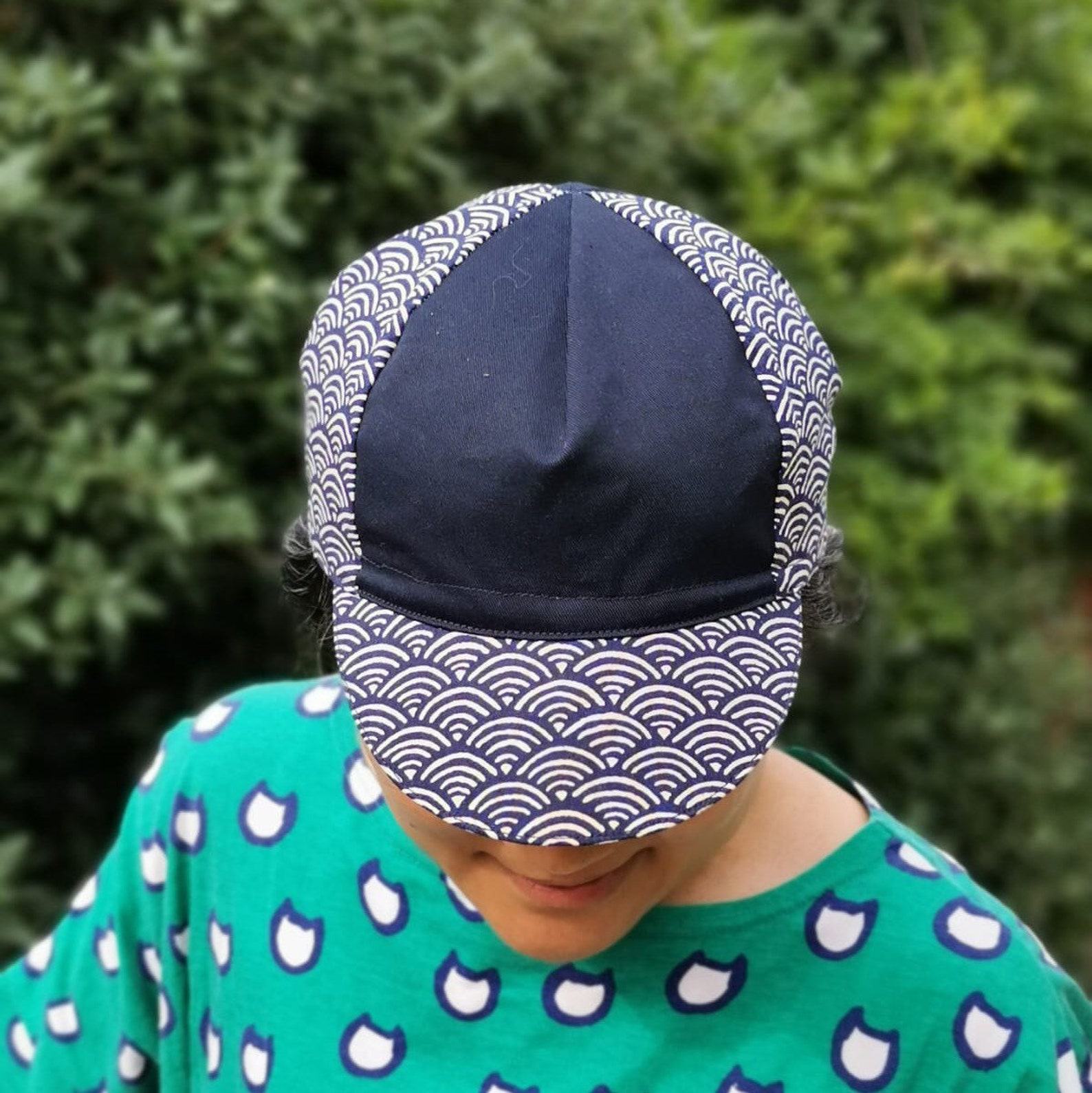 Tortoise and Hare Cycling Cap Japanese Cotton, Handmade, Four-Panel, Navy Seigaiha Wave Pattern
