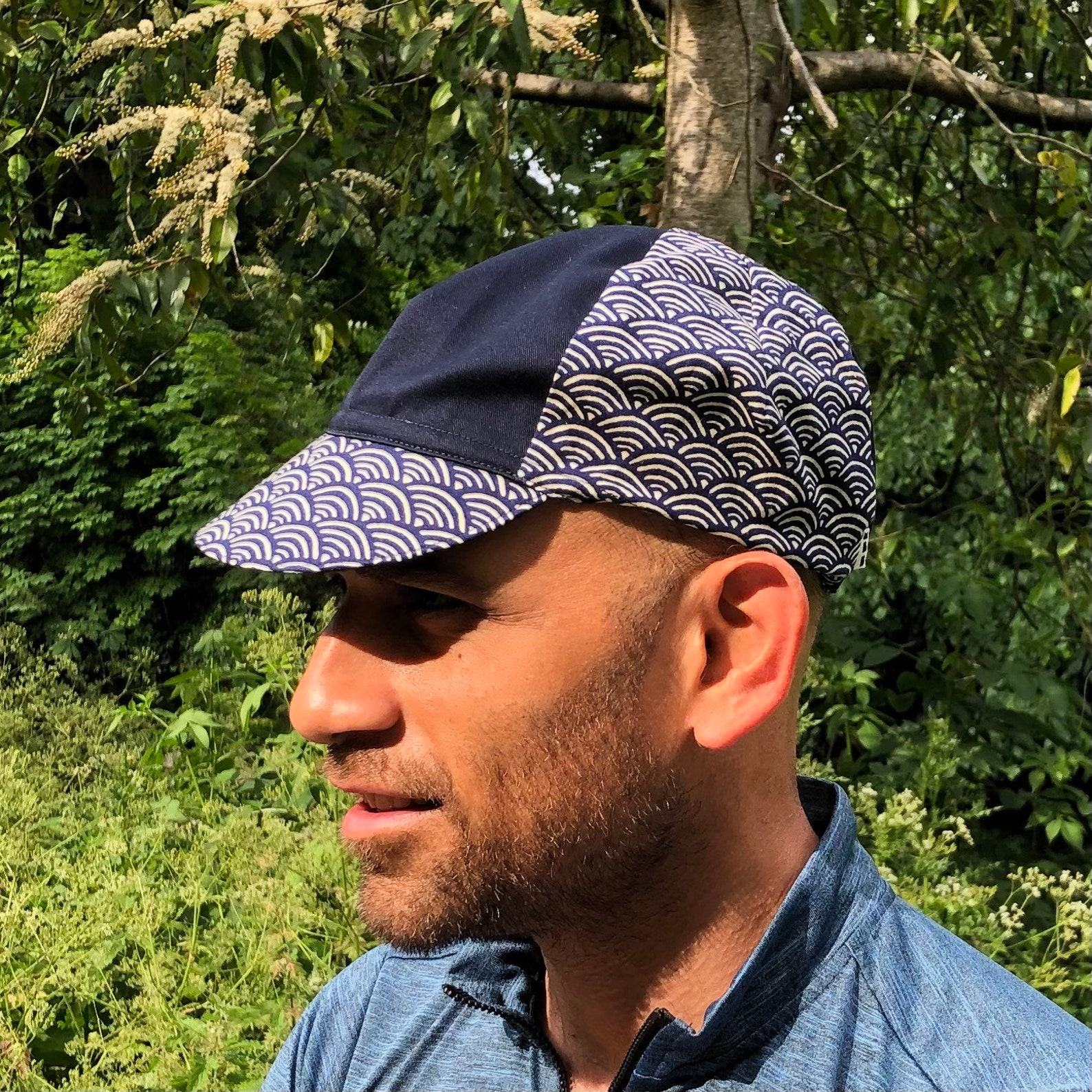 Tortoise and Hare Cycling Cap Japanese Cotton, Handmade, Four-Panel, Navy Seigaiha Wave Pattern