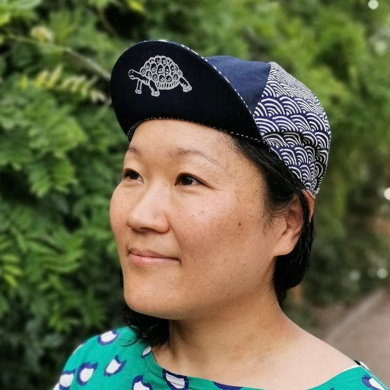 Tortoise and Hare Cycling Cap Japanese Cotton, Handmade, Four-Panel, Navy Seigaiha Wave Pattern