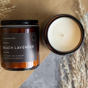 Tranquil Haven Beach Lavender Soy Candle in Amber Jar for Relaxation and Iteming