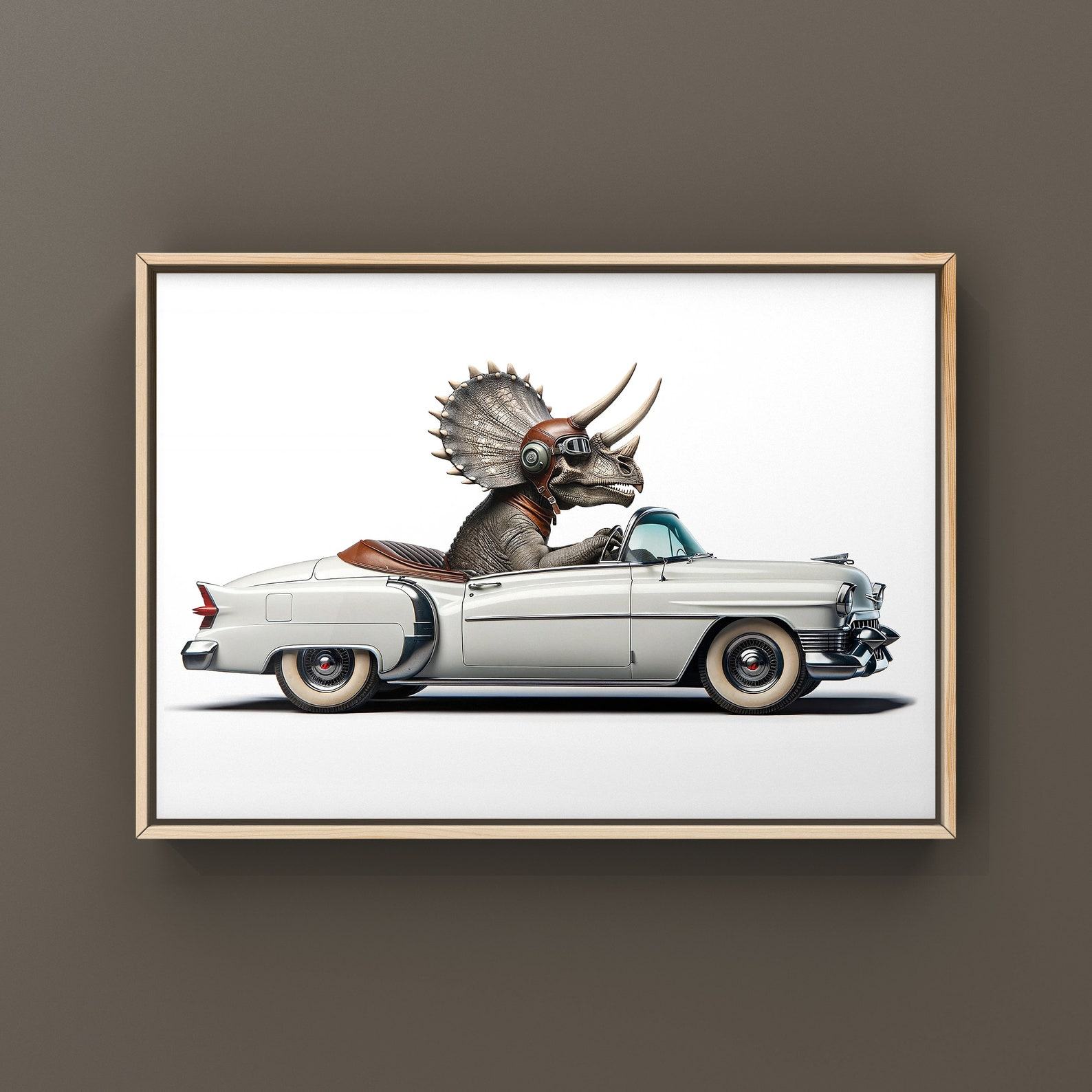 Tri-Ceratops Cruising in Style Vintage Cadillac Art Print for Dino Aficionados