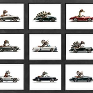 Tri-Ceratops Cruising in Style Vintage Cadillac Art Print for Dino Aficionados
