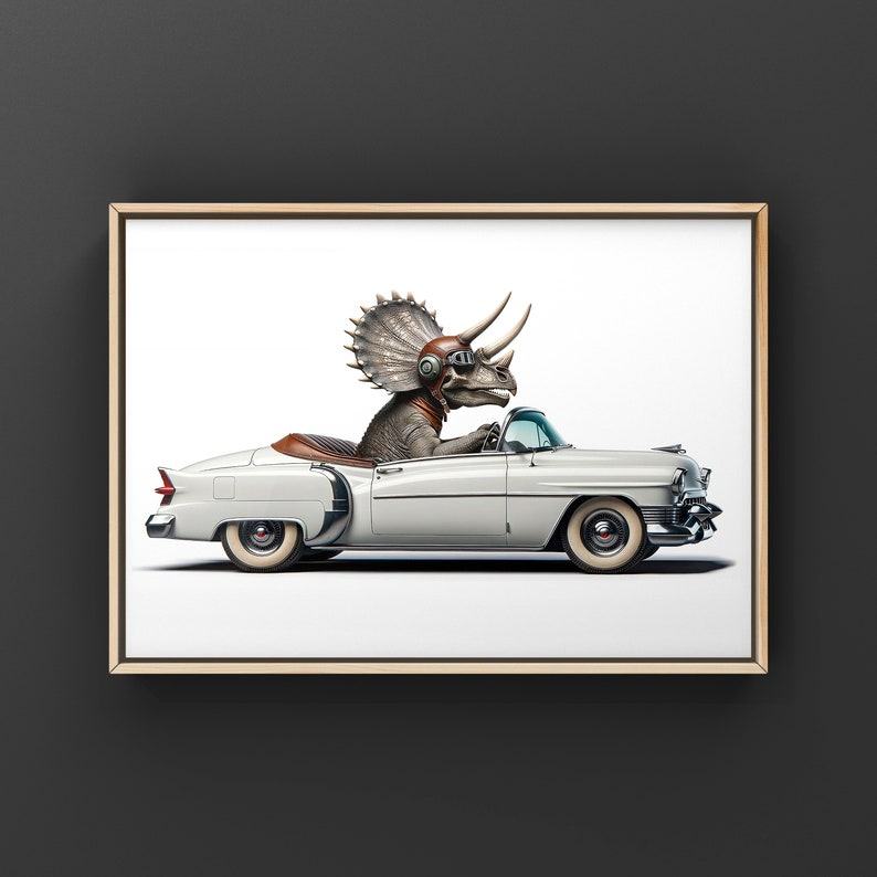 Tri-Ceratops Cruising in Style Vintage Cadillac Art Print for Dino Aficionados