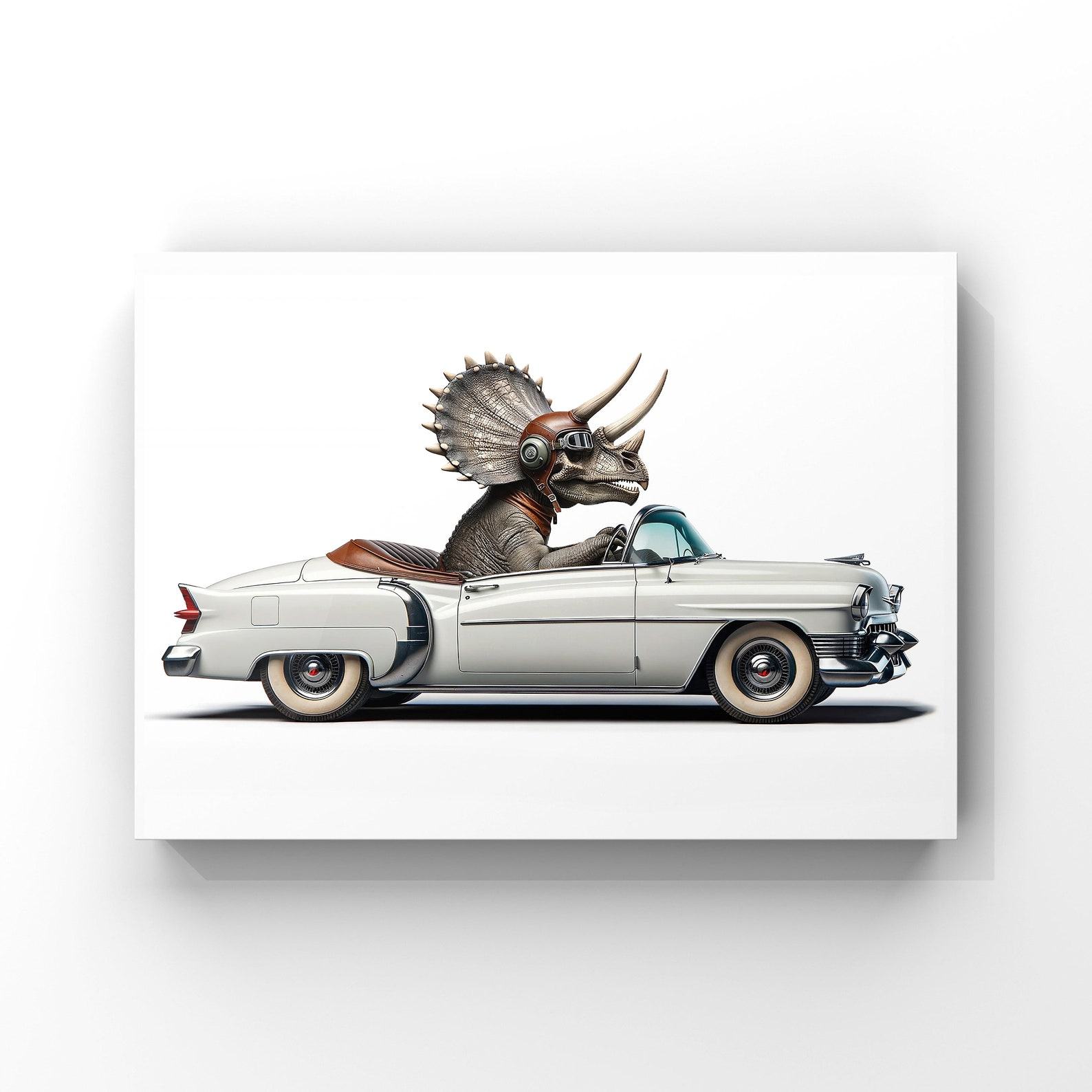 Tri-Ceratops Cruising in Style Vintage Cadillac Art Print for Dino Aficionados