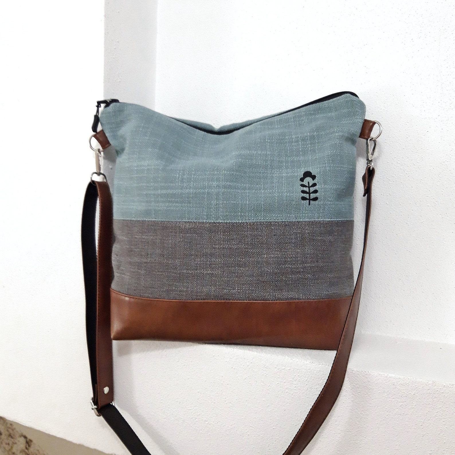 Turquoise Gray Crossbody Bag Handcrafted Vegan Canvas Purse with Brown Leather Accents