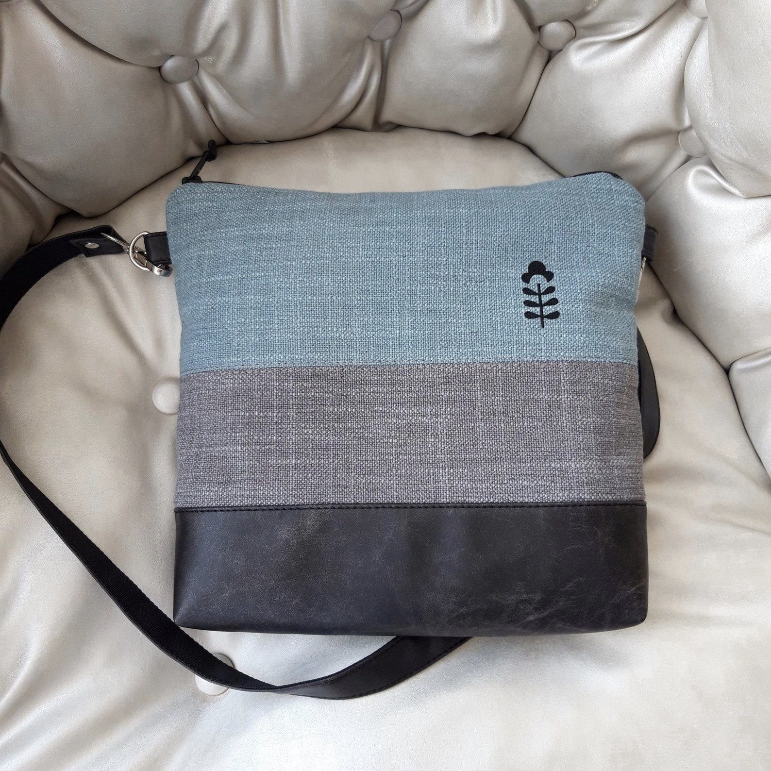 Turquoise Gray Crossbody Bag Handcrafted Vegan Canvas Purse with Brown Leather Accents