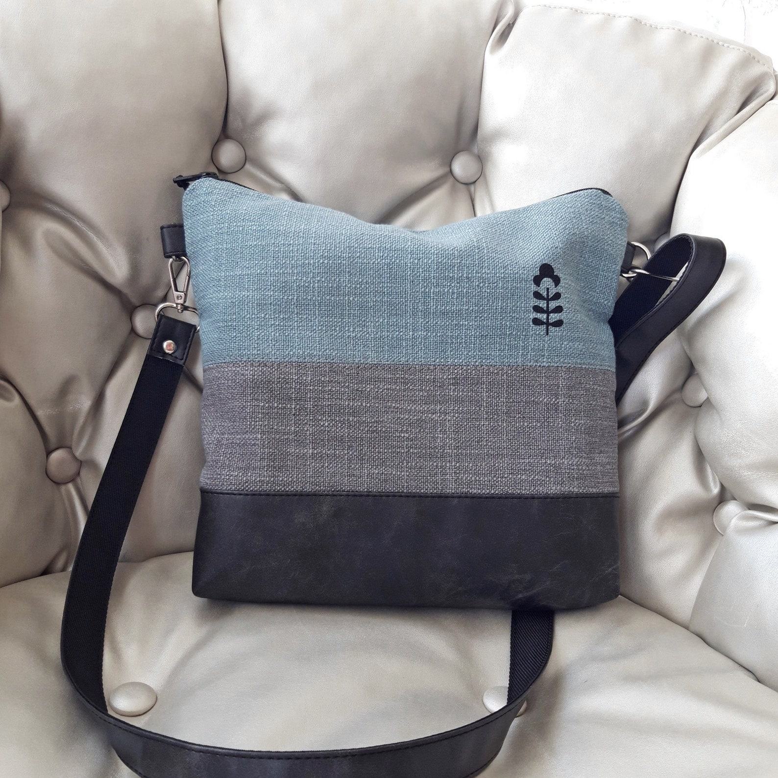 Turquoise Gray Crossbody Bag Handcrafted Vegan Canvas Purse with Brown Leather Accents