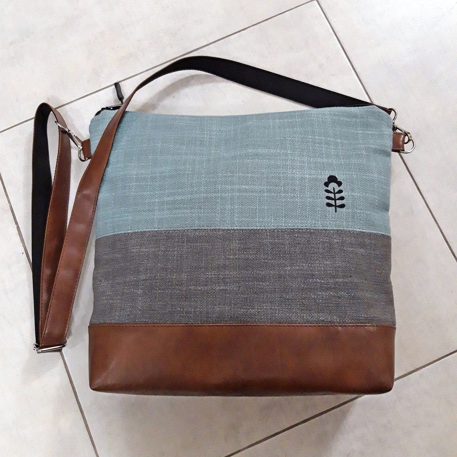 Turquoise Gray Crossbody Bag Handcrafted Vegan Canvas Purse with Brown Leather Accents