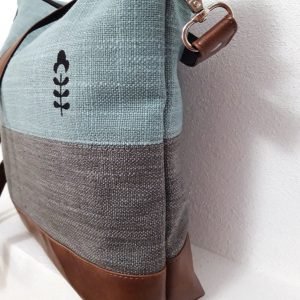 Turquoise Gray Crossbody Bag Handcrafted Vegan Canvas Purse with Brown Leather Accents