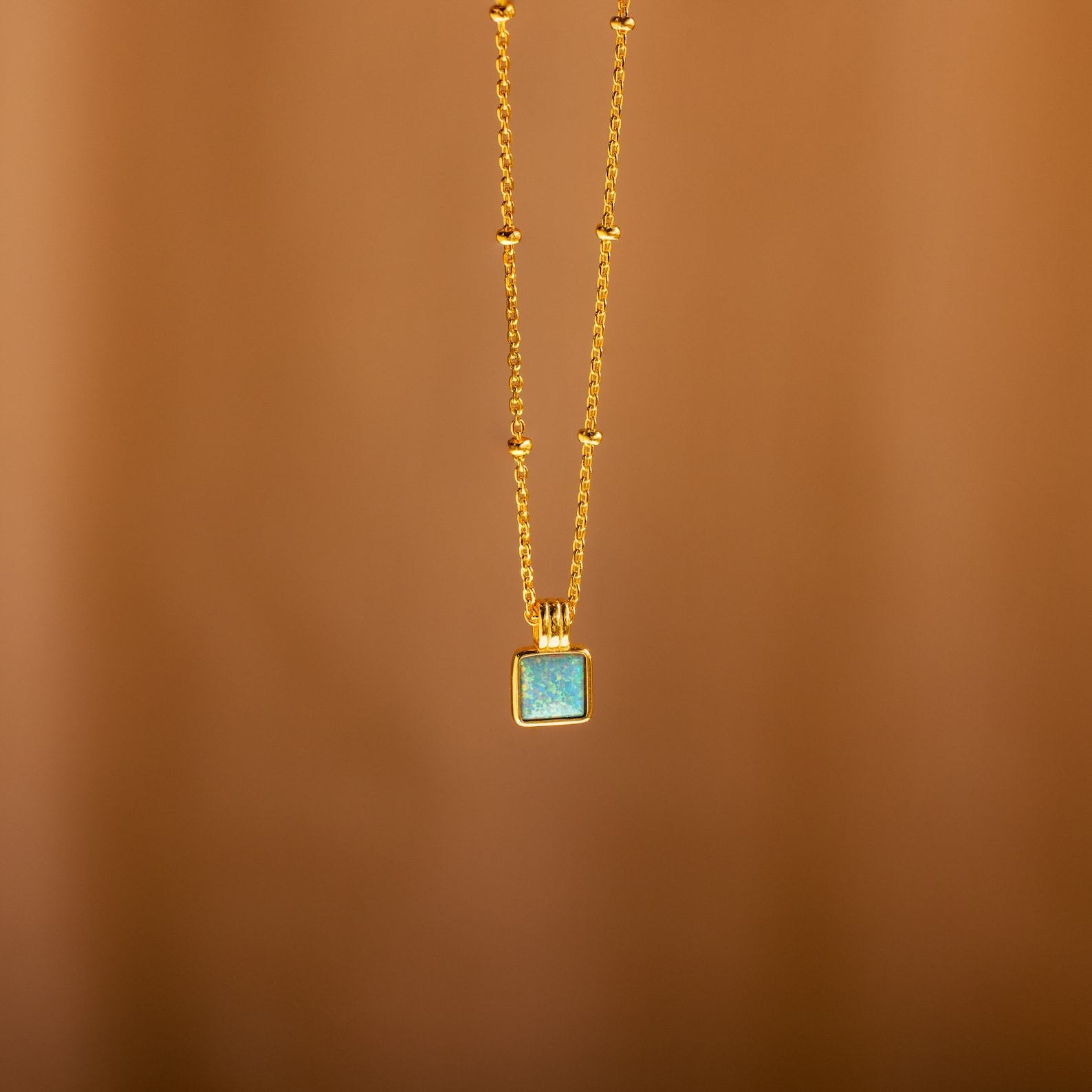 Turquoise Opal Pendant Necklace Minimalist Square Charm on Satellite Chain