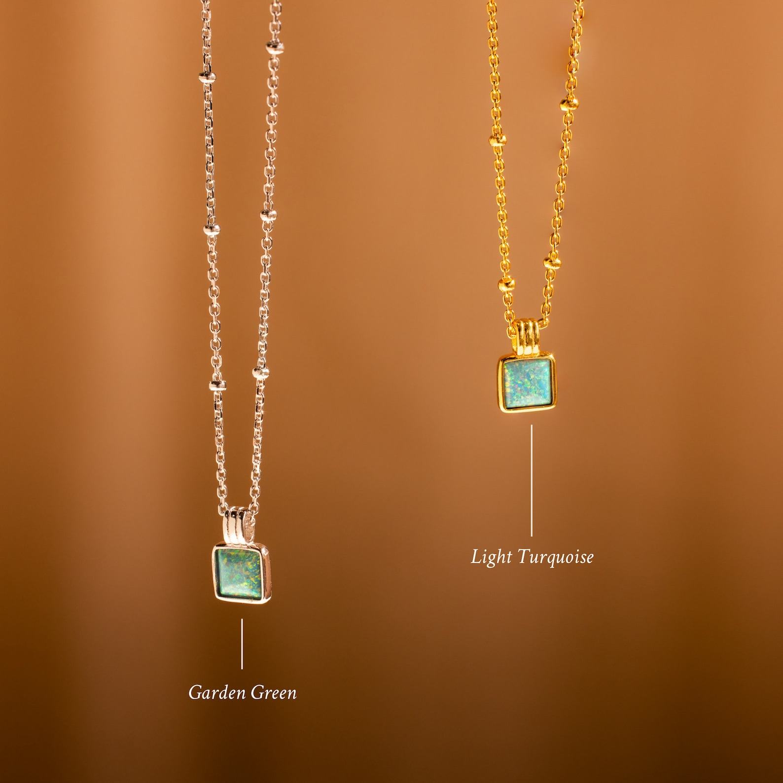Turquoise Opal Pendant Necklace Minimalist Square Charm on Satellite Chain