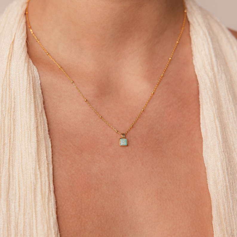 Turquoise Opal Pendant Necklace Minimalist Square Charm on Satellite Chain