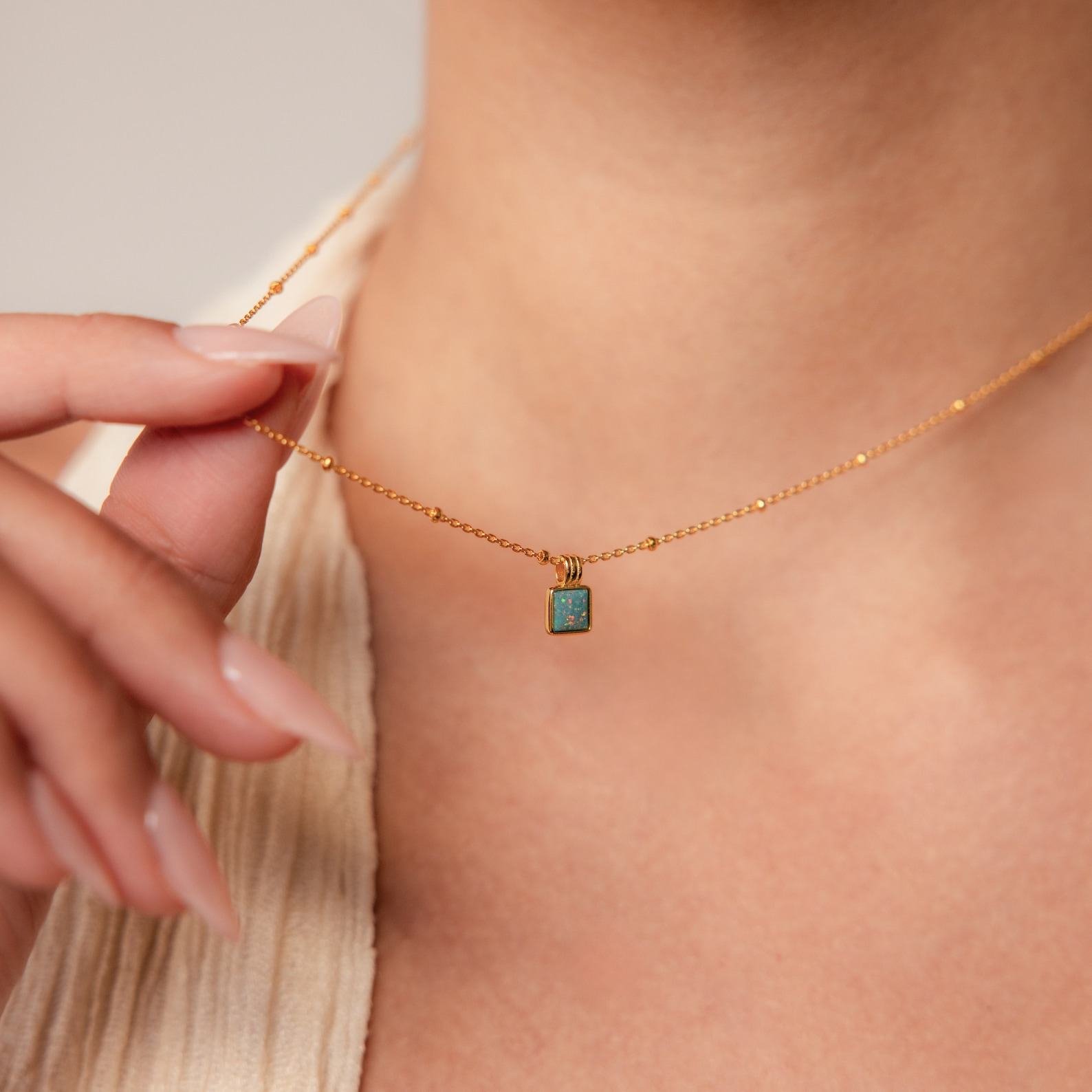 Turquoise Opal Pendant Necklace Minimalist Square Charm on Satellite Chain