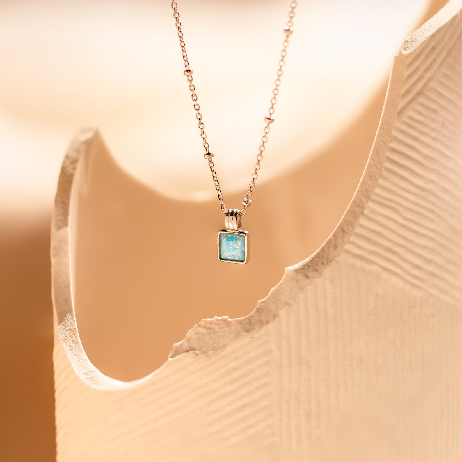 Turquoise Opal Pendant Necklace Minimalist Square Charm on Satellite Chain