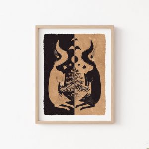 Twin Wolves and Tree Moon Phase Folk Art Print A Cottagecore Nature Lover’s Botanical Witchy Illustration