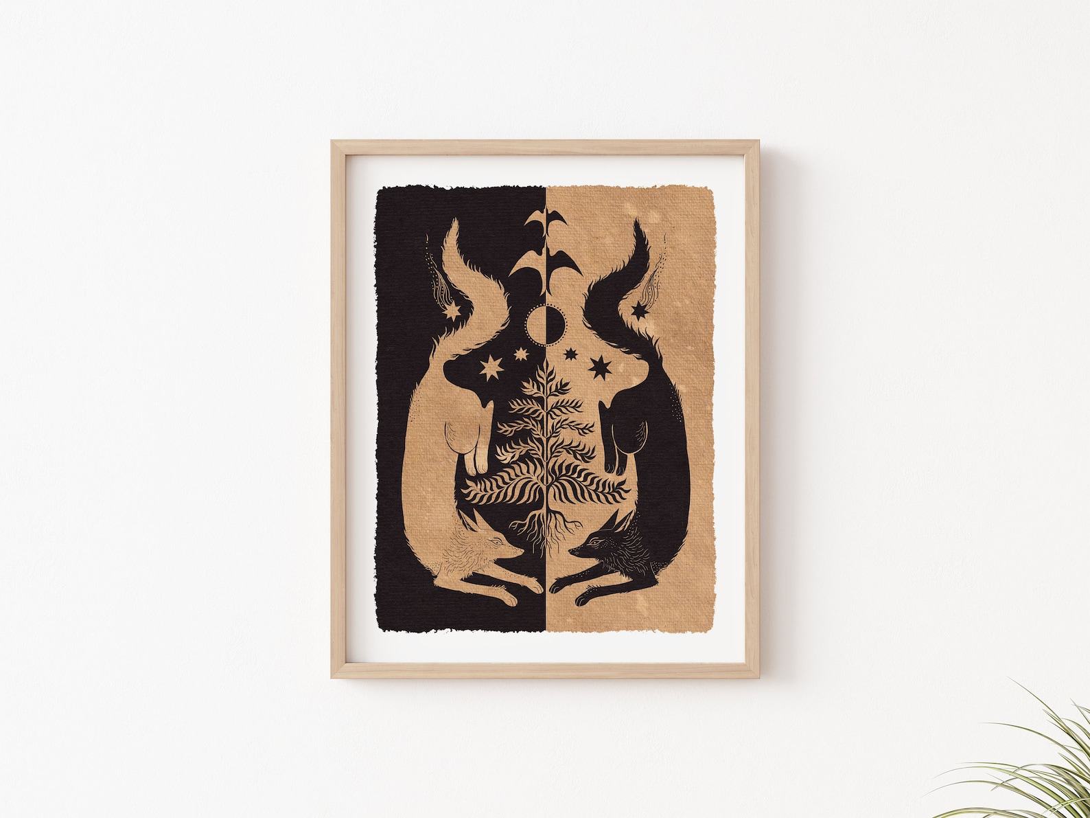 Twin Wolves and Tree Moon Phase Folk Art Print A Cottagecore Nature Lover’s Botanical Witchy Illustration - Image 3