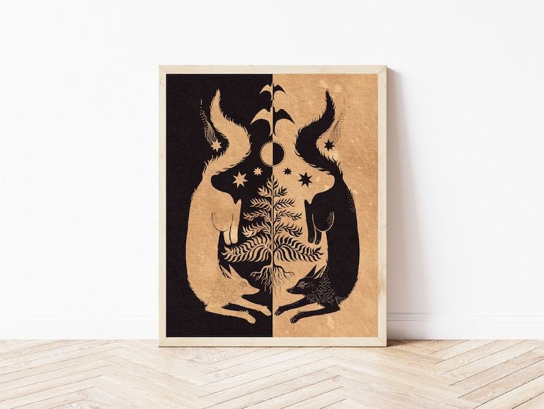 Twin Wolves and Tree Moon Phase Folk Art Print A Cottagecore Nature Lover’s Botanical Witchy Illustration