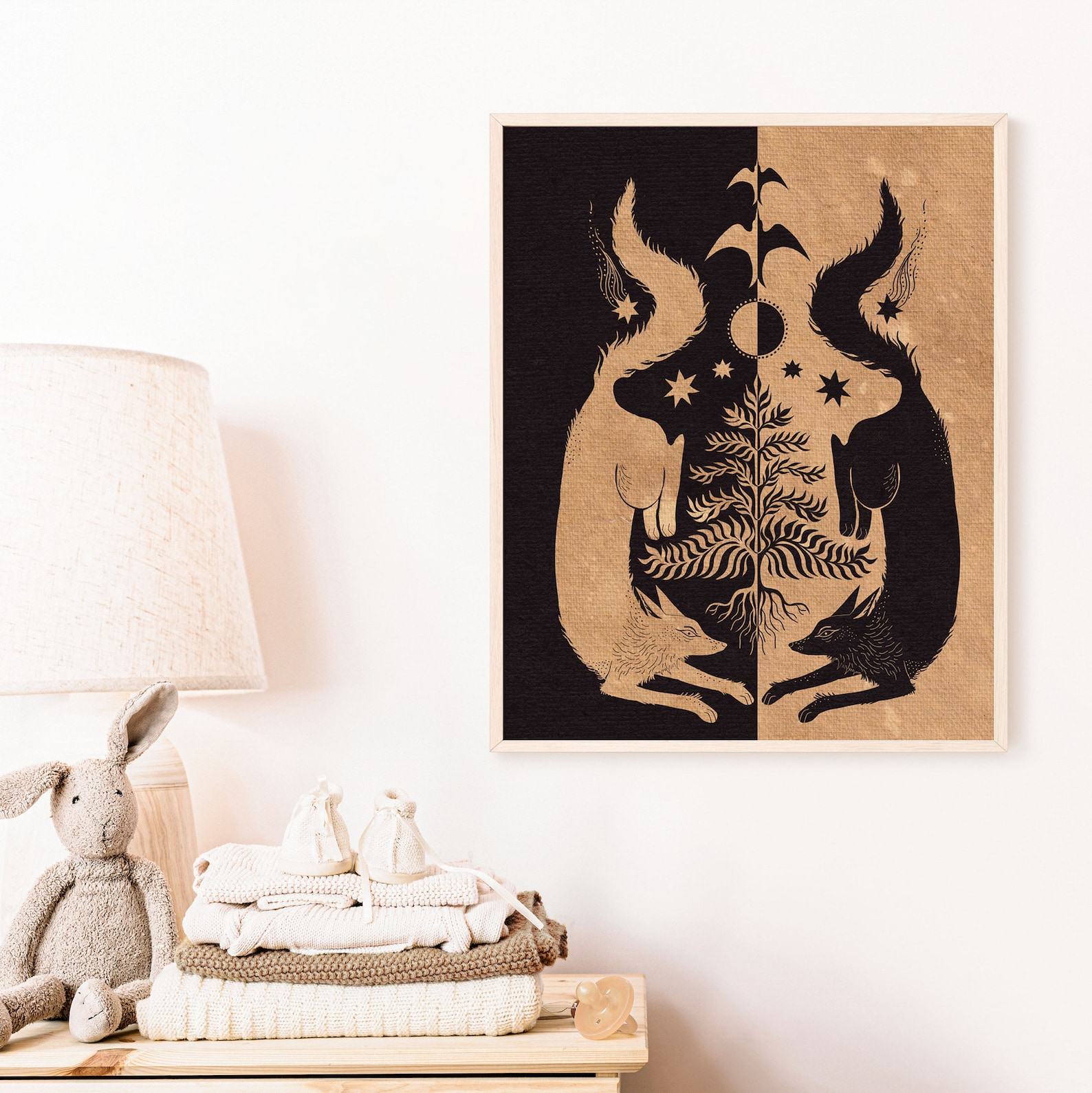 Twin Wolves and Tree Moon Phase Folk Art Print A Cottagecore Nature Lover’s Botanical Witchy Illustration