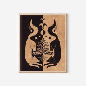 Twin Wolves and Tree Moon Phase Folk Art Print A Cottagecore Nature Lover’s Botanical Witchy Illustration