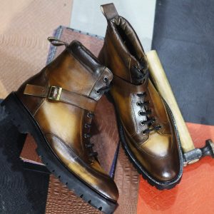 Two-Tone Leather Monk Strap Boots  Hand-Painted Ankle High Style for Men