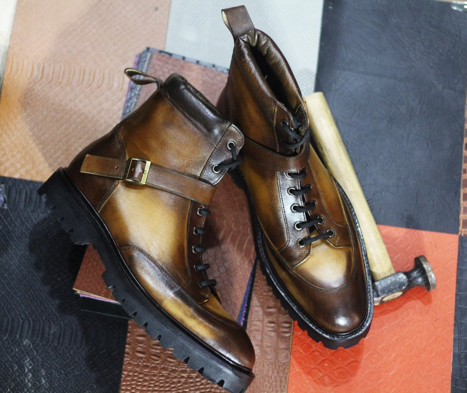 Two-Tone Leather Monk Strap Boots Hand-Painted Ankle High Style for Men - Image 2