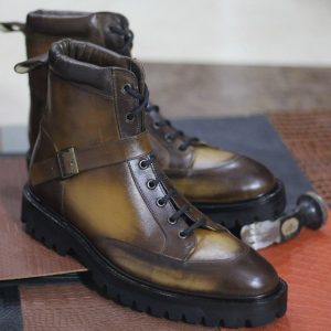 Two-Tone Leather Monk Strap Boots  Hand-Painted Ankle High Style for Men