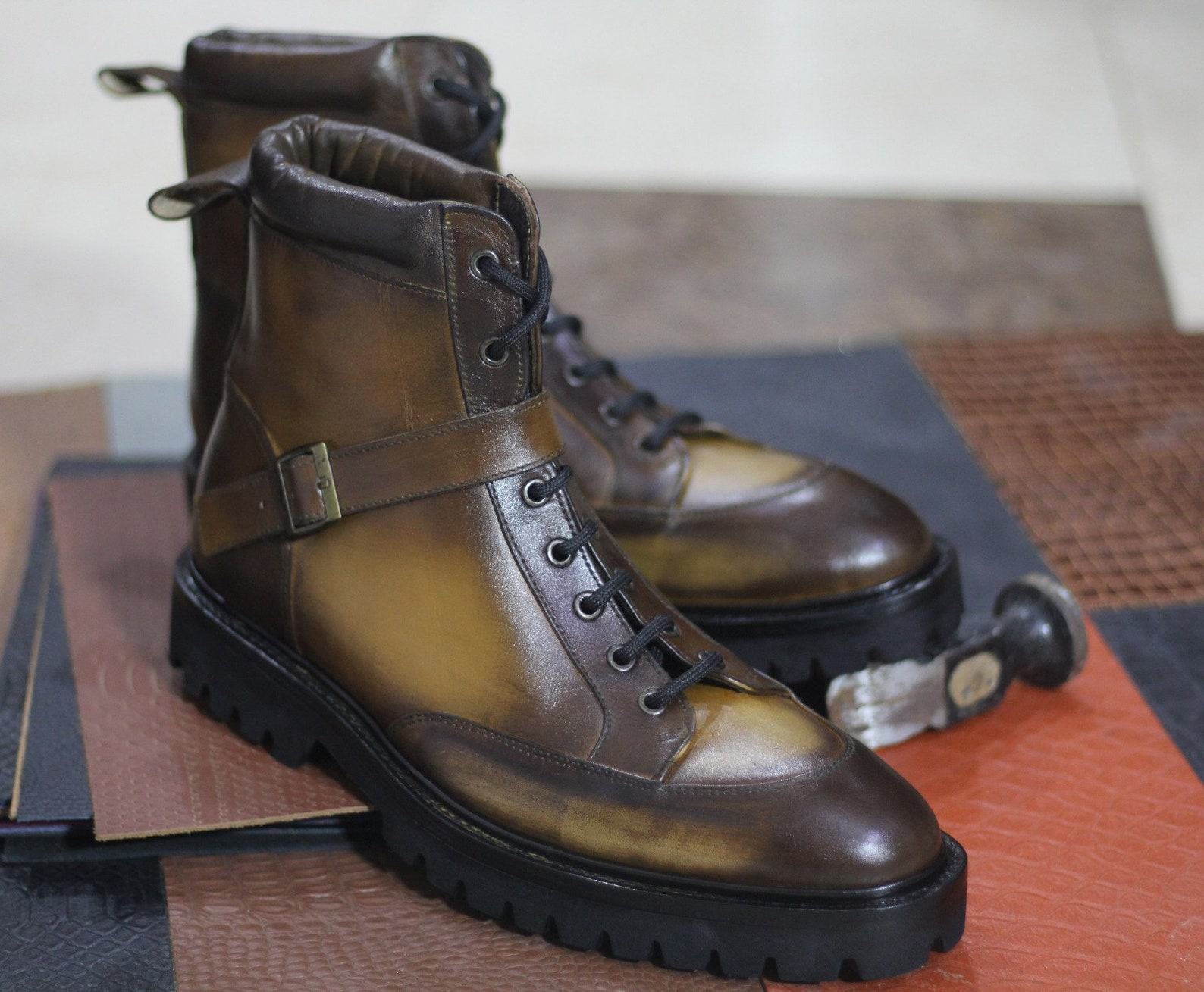 Two-Tone Leather Monk Strap Boots Hand-Painted Ankle High Style for Men - Image 3