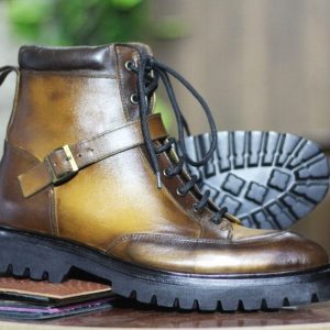 Two-Tone Leather Monk Strap Boots  Hand-Painted Ankle High Style for Men