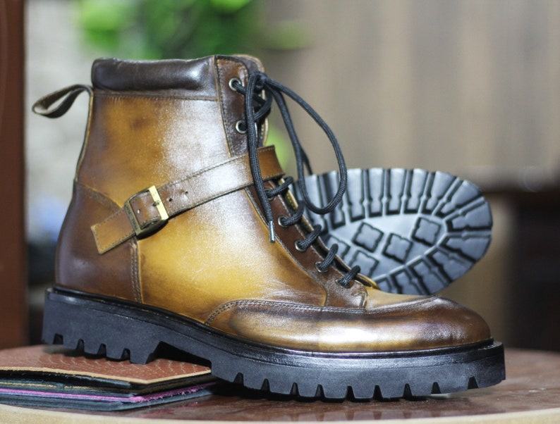 Two-Tone Leather Monk Strap Boots Hand-Painted Ankle High Style for Men