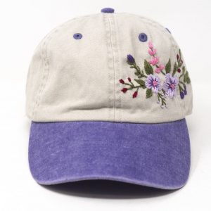 Two-Toned Purple Violet Washed Cotton Cap with Blossoms A Botanical Masterpiece for Fashion-Forward Women