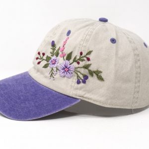 Two-Toned Purple Violet Washed Cotton Cap with Blossoms A Botanical Masterpiece for Fashion-Forward Women